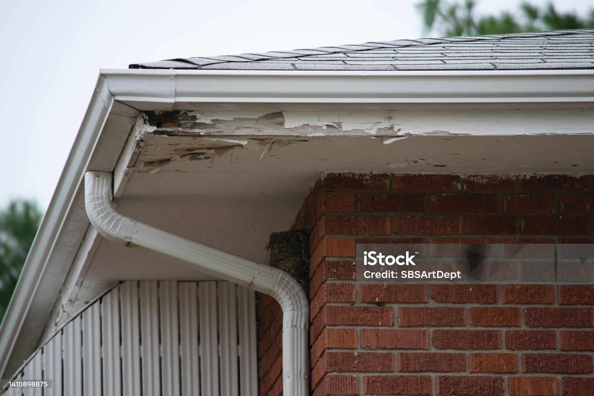 Home exterior in disrepair to roof, gutter, chimney, siding.