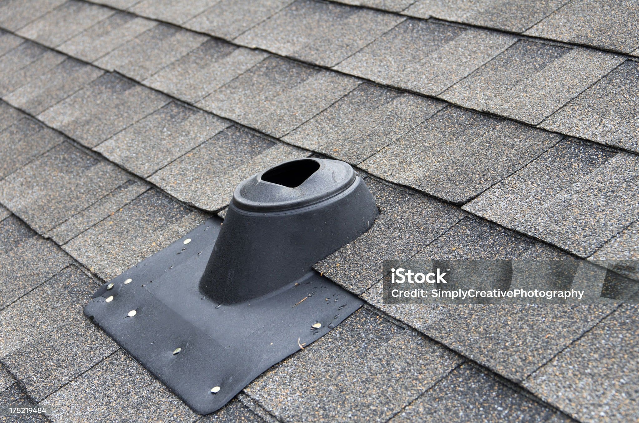 "View of an asphalt shingled house roof, showing the vent stack cover (vent pipe cover) used to allow the sanitary drain vent to be exhausted through the roof. (note - pipe not yet installed)Similar Images:"