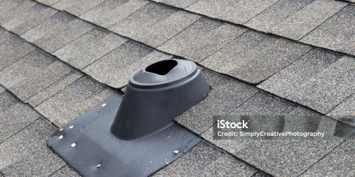 "View of an asphalt shingled house roof, showing the vent stack cover (vent pipe cover) used to allow the sanitary drain vent to be exhausted through the roof. (note - pipe not yet installed)Similar Images:"